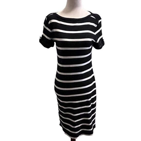 Karen Scott Dresses & Skirts - Karen Scott Size Small Elbow Sleeve Casual T Shirt Dress Black White Striped
